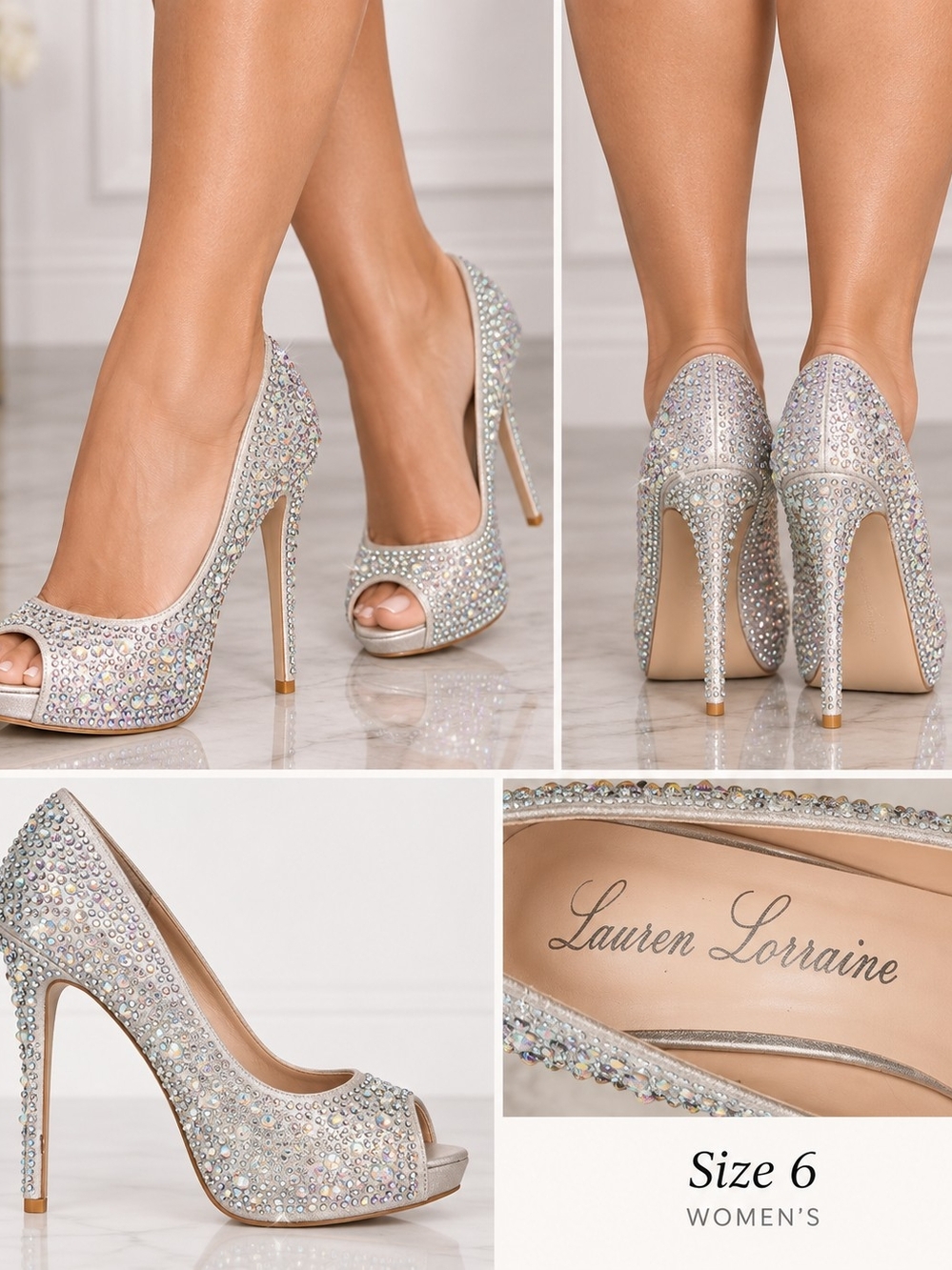 Lauren Lorraine "Candy" Crystal-Embellished Silver Peep-Toe Stilettos